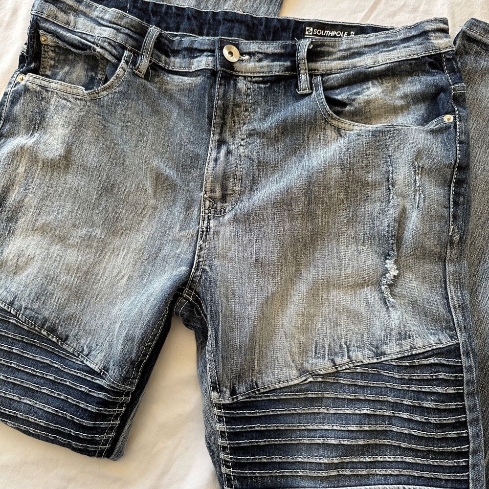 Southpole Jeans Men's Blue Acid Wash Skinny Moto Distressed Denim Biker 38x32 D1